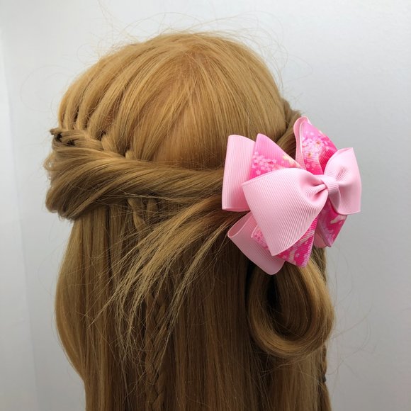 🎀HANDMADE(MTO)🎀 - Multiple Layers Hair Elastic Bows - Pink Floral Printed Ribbon - Picture 7 of 8